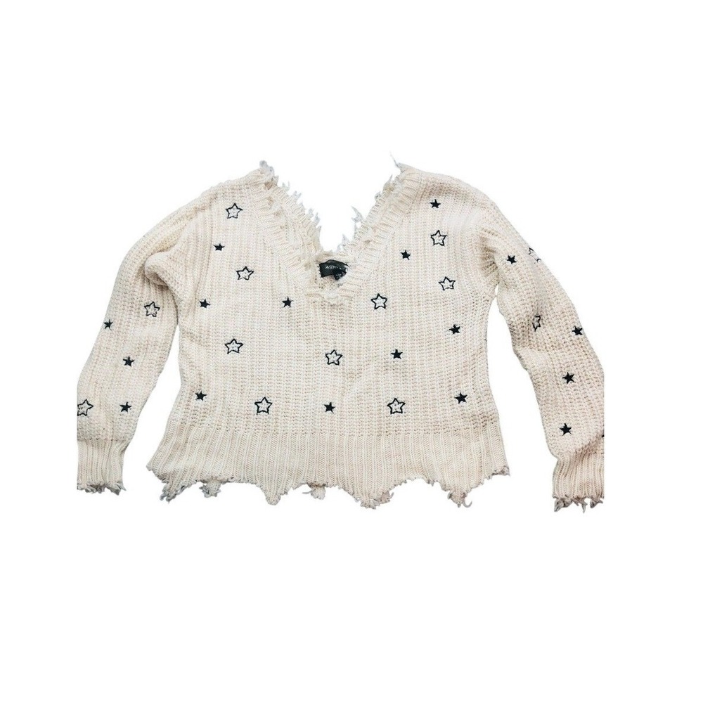 4SI3NNA Cream‎ V-Neck Sweater with Black Star Accents